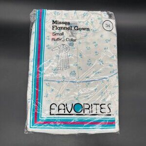 Vintage Flannel Nightgown Favorites Blue White 1980s Hong Kong Floral Small